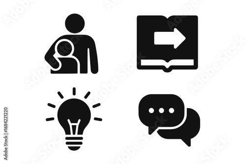 Mentoring and coaching icon set. Business skills, personal development, guidance, and support concept. Vector solid glyph icons for training, knowledge, ideas, and communication.