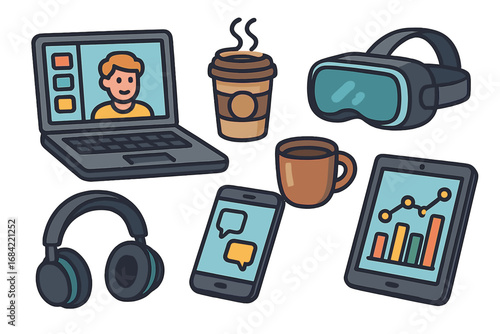 Online learning, remote work and business technology vector icon set. Cartoon illustration of a laptop video conference, tablet with data analytics, VR headset, and smartphone.