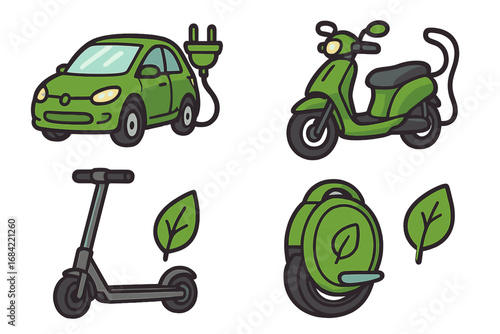 Eco friendly transport icon set. Green energy vehicle. Electric car, scooter, kickscooter, unicycle. Sustainable mobility concept. Future city transportation vector cartoon.