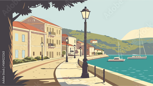 Coastal Town Promenade Seaside Buildings Boats Summer Vacation Illustration.