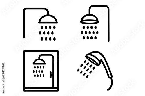 Shower icon set vector collection. Thin line art illustration of bathroom fixtures for hygiene. Includes shower head, cabin stall, and handheld sprayer. Simple outline design.