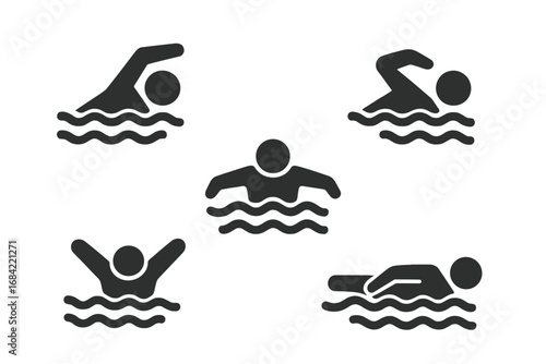 Solid black icons of swimming stroke techniques set, freestyle, backstroke, breaststroke, butterfly, sidestroke, vector illustration with swimmer silhouette in water waves, aquatic sports symbols