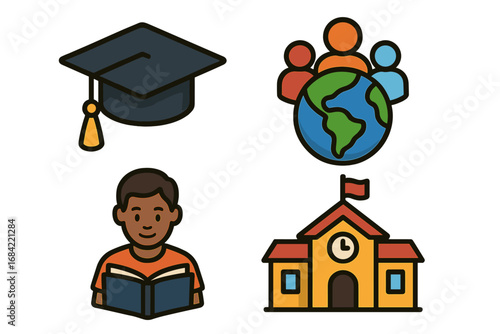 Education icon set with graduation cap, student, and school. Concept for global community, academic achievement, and diverse learning. Vector cartoon illustration for university.