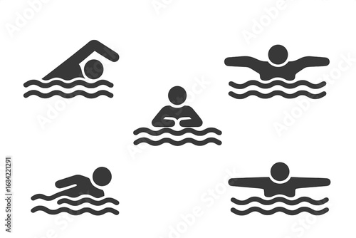 Swimming stroke icons solid filled vector set showing freestyle backstroke breaststroke butterfly sidestroke swimming techniques illustration on transparent background