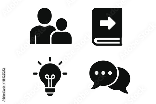 Mentoring and coaching icon set for business development. Solid glyph icons for leadership, guidance, knowledge transfer, new ideas, communication, and employee training.