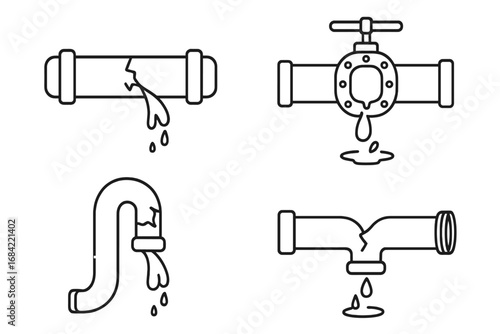 Leaking pipe vector outline icon set. Broken pipeline, water leak, dripping faucet concept. Plumbing repair service symbol. Burst pipes, home damage, and dripping illustration.