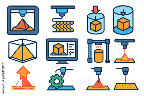 Set of 3D printing icons. Additive manufacturing process and technology concepts. Vector symbols for rapid prototyping, FDM, SLA, engineering, 3D modeling and production.