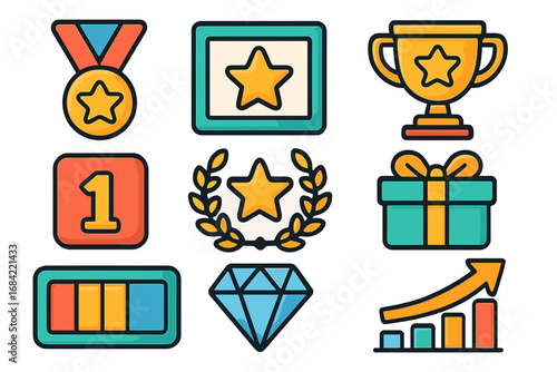 Gamification vector icon set for web and app design. Game achievement, reward, and progress elements. Trophy, medal, star, prize, diamond, and level up cartoon symbols.