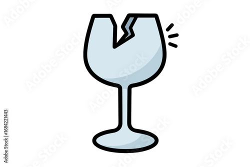 Broken wine glass icon. Fragile concept vector. Cracked glassware symbol. Damaged, shattered, fragile sign. Accident, problem, failure metaphor. Cartoon line art illustration.