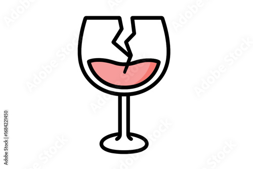 Broken wine glass with rose wine. Fragile icon concept. Simple thin line vector cartoon illustration. Symbol of failure, accident, bad luck, or the end of a relationship.