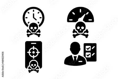 Toxic Productivity Icons Set, Solid Filled Vector Illustration of Time Tracker, Performance Meter, Focus App, and Rigid Work Habits, Stress and Burnout Concept, Transparent Background