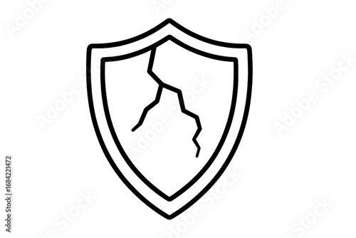 Cracked shield vector icon. Concept of vulnerability, insecurity, and risk. Symbol of broken protection, data breach, failed defense, danger, or system error. Outline illustration.
