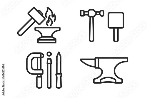Metalworking icon set for blacksmith and forging. Vector line art of hammer, flaming anvil, planishing hammer, riveting set, metal chisel. Heavy industry craft workshop tools.