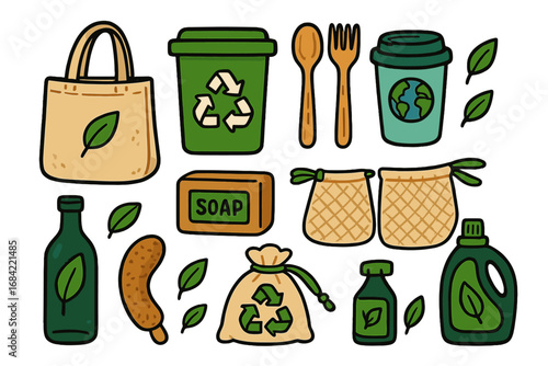 Zero waste lifestyle vector icon set. Eco-friendly products for sustainable living. Green concept with reusable tote bag, coffee cup, cutlery, soap, and recycling symbols.