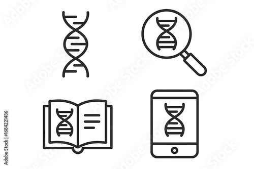 DNA research & genetics education line icon set. Concepts for biology, science & medicine. Genetic analysis, biotechnology & health app symbols. Editable stroke for UI/UX.