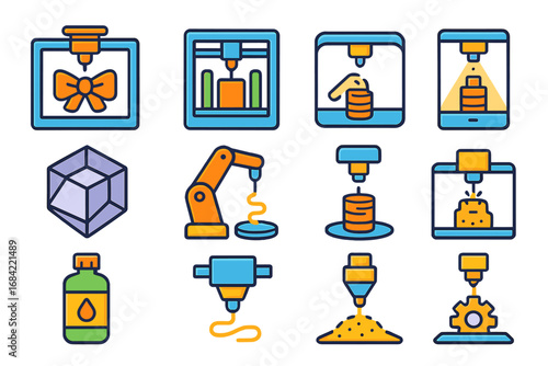 3D printing technology vector icon set. Additive manufacturing and rapid prototyping symbols. Industrial fabrication process icons. Printer, filament, resin, robotic arm.