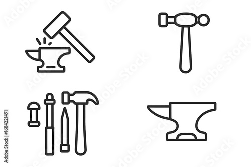 Metalworking outline icon set. Forging hammer on anvil, planishing hammer, riveting set, metal chisel. Blacksmith, smithy tools. Vector line art symbols for industry craft.