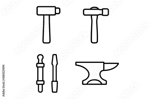 Metalworking tools line icon set. Blacksmith and forge equipment symbols. Vector illustration includes forging hammer, anvil, chisel, and riveting set for craft and industry.