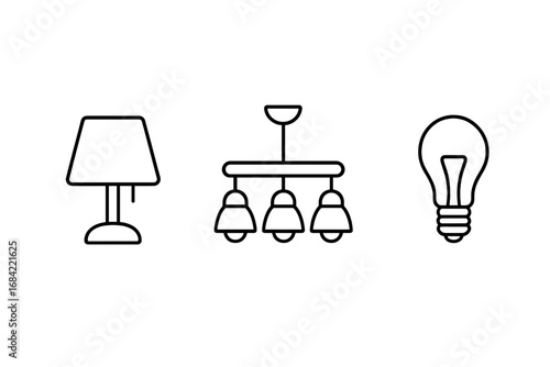 Lighting icons set. Line art collection of table lamp, chandelier, light bulb symbols. Vector illustration for home interior design, electricity concepts, web pictogram, outline.