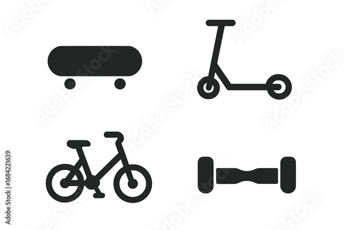 Micromobility vector icon set. Urban transportation concept. Skateboard, electric scooter, bike, hoverboard solid glyphs. Eco friendly city travel illustration.