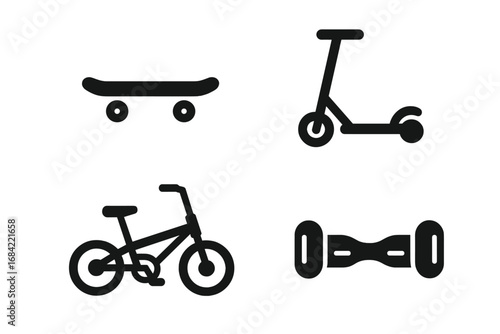 Micromobility solid glyph icon set. Urban personal transport vehicle collection. Skateboard, kick scooter, folding bike, hoverboard symbols. Eco friendly city transportation vector.