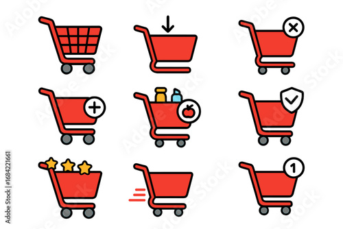 Shopping cart icon set. E-commerce pictogram bundle. Online store graphic elements. Add to cart, secure checkout, buy button, delivery, favorite and remove symbols for web