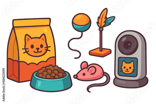 Cat pet care accessories set. Vector cartoon illustration of domestic animal items. Dry food in a bag and bowl, toys like mouse and feather, and a pet monitoring camera.