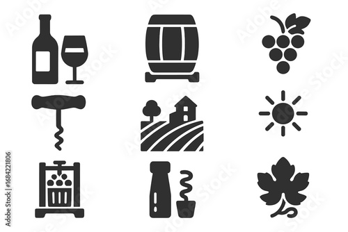 Wine and winemaking solid glyph icon set. Vineyard, grapes, barrel, bottle, glass, and corkscrew symbols. Viticulture and oenology concept vector flat illustration.