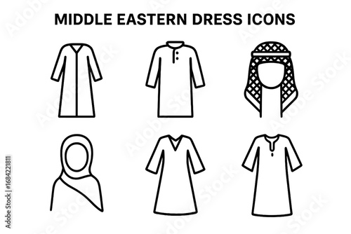 Middle Eastern dress icon set. Arab traditional clothes collection. Vector line art of abaya, thawb, dishdasha, keffiyeh, hijab, kaftan, jalabiya. Islamic fashion symbols.