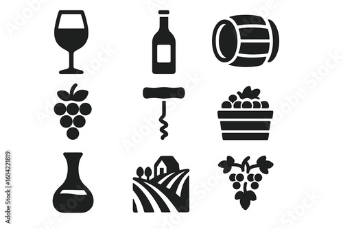 Wine and vineyard solid glyph icon set. Essential winemaking symbols for bar menu or winery. Vector collection includes grape, bottle, glass, barrel, corkscrew, and harvest.