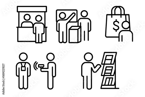 Trade Show Icons Outline Set with Visitors, Exhibitor Booth, Demo Kiosk, Swag Bag, Badge Scanner, Brochure Rack, Event Marketing, Exhibition, Business Networking, Vector Illustration