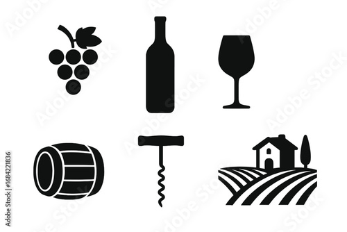 Wine icon set silhouette. Winemaking vector collection. Grapes, wine bottle, wineglass, barrel, corkscrew, vineyard. Drink, alcohol, bar, winery, menu, logo element.