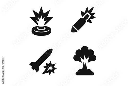 War and conflict vector icon set. Military weapon silhouettes. Landmine detonation, mortar bomb, rocket missile attack, nuclear explosion. Army aggression symbol collection.