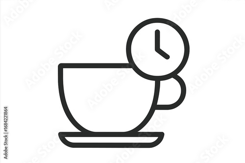 Coffee break time icon. Tea time concept. Cup with clock for time management, work-life balance. Morning routine, deadline reminder. Vector outline logo for cafe, web, app.