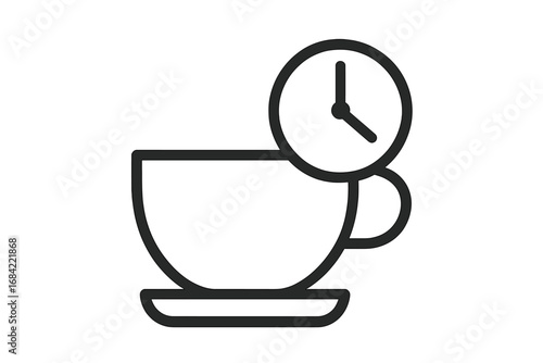 Coffee break time icon. Tea cup with clock symbol. Morning routine, productivity, and time management concept. Minimalist outline vector illustration for web and apps.