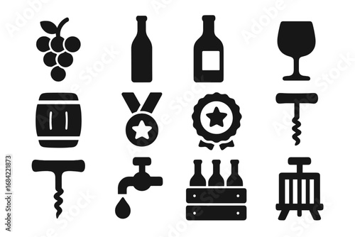 Wine and winemaking solid icon set. Grapes, bottle, glass, barrel, award medal, corkscrew, and press glyph collection. Viticulture and oenology vector symbols.