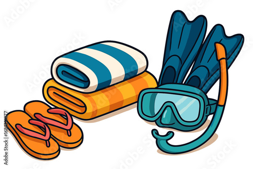 Summer beach essentials with colorful flip flops, striped towels, snorkeling mask, fins, and snorkel for ocean vacation and water adventure, vector cartoon illustration