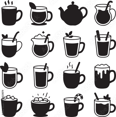 Variety of Hot Drink Icons Including Coffee Tea and Cocoa with Garnishes beverage
