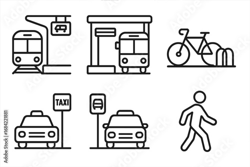 Multimodal Transit Icon Set Outline, Train Platform, Bus Bay, Bicycle Rack, Taxi Stand, Pedestrian Walking Vector Illustration on Transparent Background