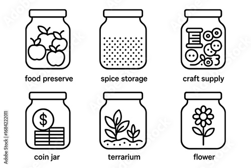 Jar icon set with various usage scenarios. Vector outline icons for food preserve, spice storage, craft supply, coin jar, terrarium, and flower. Multipurpose storage concept.