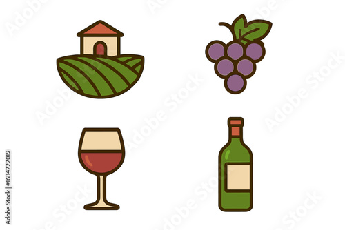 Wine tasting vector icon set with vineyard, grapes, glass, and bottle. Cartoon illustration for winery and winemaking. Viticulture and alcohol beverage graphic symbols collection.