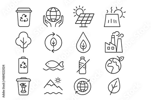 Environmental protection line icon pack. Nature conservation, ecology, and sustainability outline signs. Vector set for green energy, recycling, and pollution concepts.