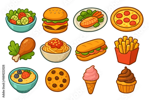 Food icon set. Collection of cartoon vector illustrations. Healthy and junk fast food meal. Salad, burger, pizza, pasta, dessert. Menu graphic element for lunch, dinner.
