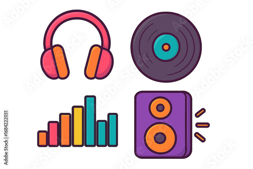 Set of colorful music icons. Vector cartoon illustration of headphones, vinyl record, audio wave equalizer, and speaker. Sound and entertainment concept. Flat design element.