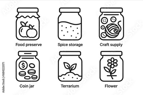 Jar icon set showing various usage scenarios. Vector outline icons for food preserve, spice storage, craft supply, coin jar, terrarium, and flower vase. Multipurpose container concepts.