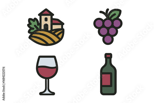 Wine tasting vector icon set. Winery, vineyard landscape, grape bunch, red wine glass, and bottle icons. Cartoon illustration collection for viticulture and enology.
