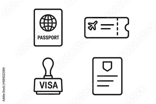 Travel Icons Grid Outline Set of Essential Documentation Features Including Passport, Boarding Pass, Visa Stamp, Customs Form for International Travel and Tourism Vector Illustration