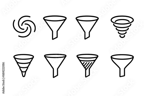 Filter and funnel line icon set. Vector outline icons for data filtering, sales funnel, and conversion process. Includes vortex, swirl, and pipeline symbols for marketing.