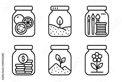 Jar icon set. Outline icons of food preserves, savings, crafts, and plants. Vector symbols for canning, money jar, hobbies, terrarium, gardening, and decoration concepts.