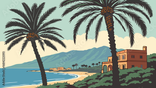 Coastal Vacation Home Palm Trees Ocean View Summer Holiday Illustration Tropical Paradise Beach Scene Mediterranean Landscape Seaside Villa.